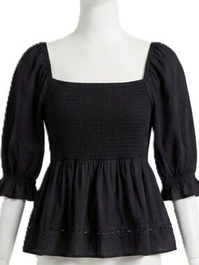 Black Puff Sleeve Peplum Blouse with Eyelet Lace Trim